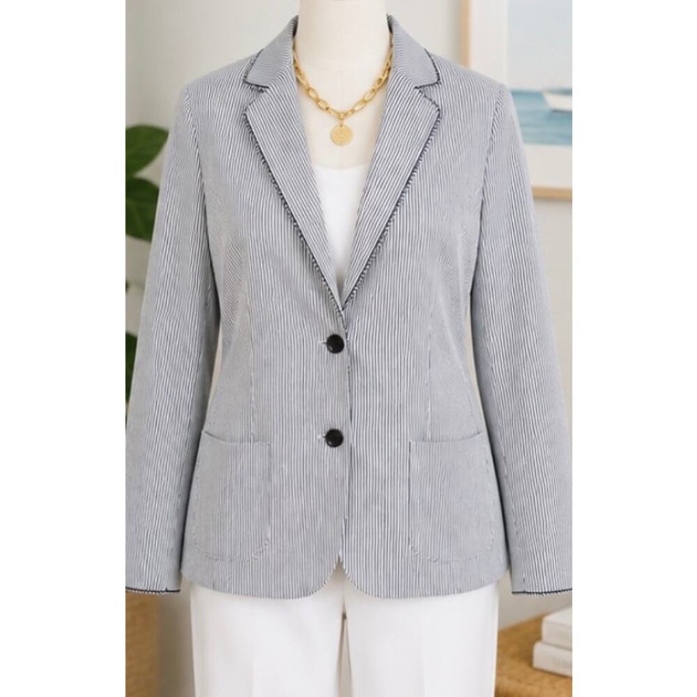 Talbots Navy White Stripe Blazer 16 Plus EUC Seersucker Nautical Coastal Career - Picture 2 of 13